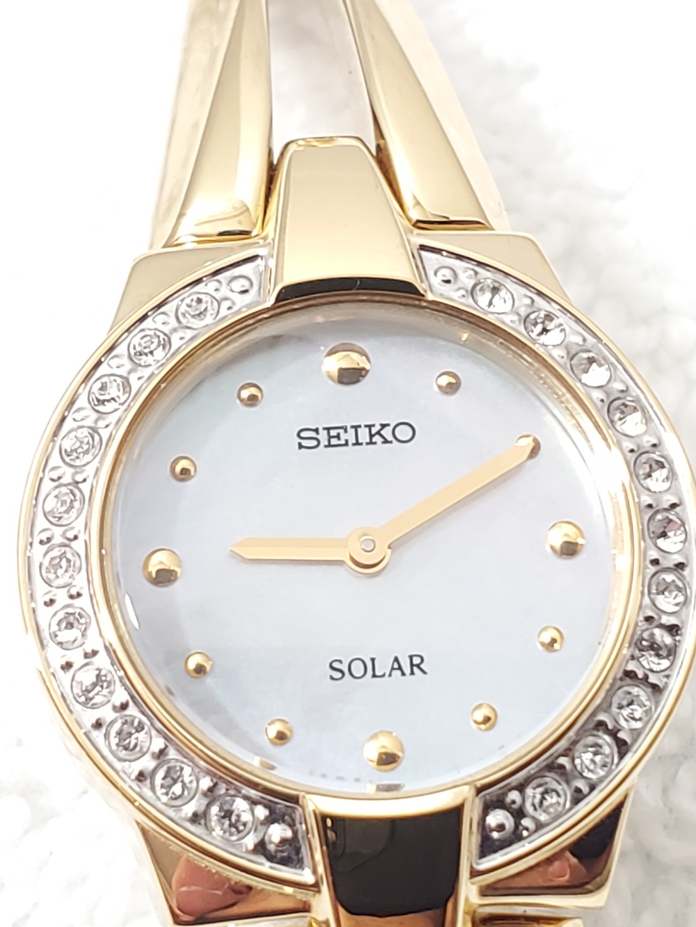 Seiko Women's Solar Watch Mother Pearl Dial Gold Plated Diamonds Bezel Bracelet